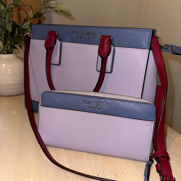 Kate Spade Satchel + Crossbody Strap + Zip Wallet Matching Set Blue Lavender Red - Picture 1 of 9